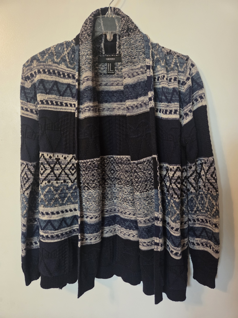 Forever 21 Navy and Cream Fair Isle Shawl Cardigan